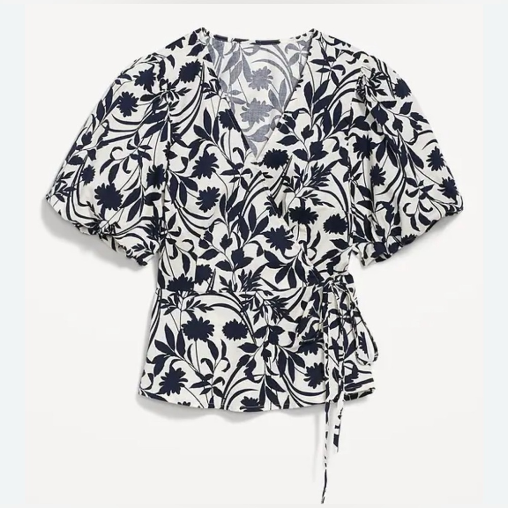 NEW Navy Blue & White Cotton Waist-Defined Puff-Sleeve Tie-Wrap Blouse 3X